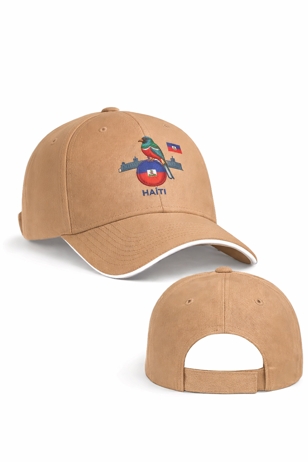 Casquette beige -oiseau coloré
